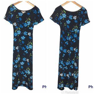 Vintage 90s Dark Floral Long Line Dress, Black Blue Floral Dress, 1990s Grunge